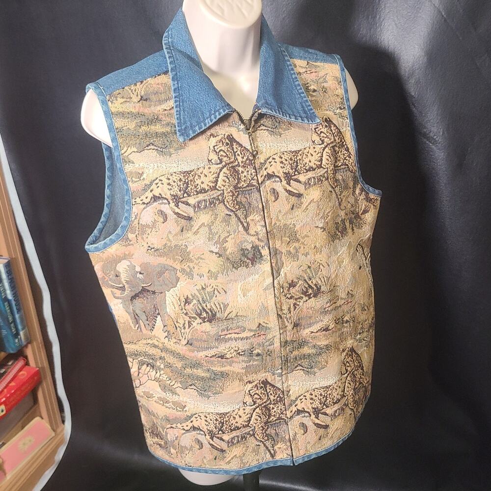 Vintage 90s dress barn denim leopard elephant tapestry zip-up vest size medium